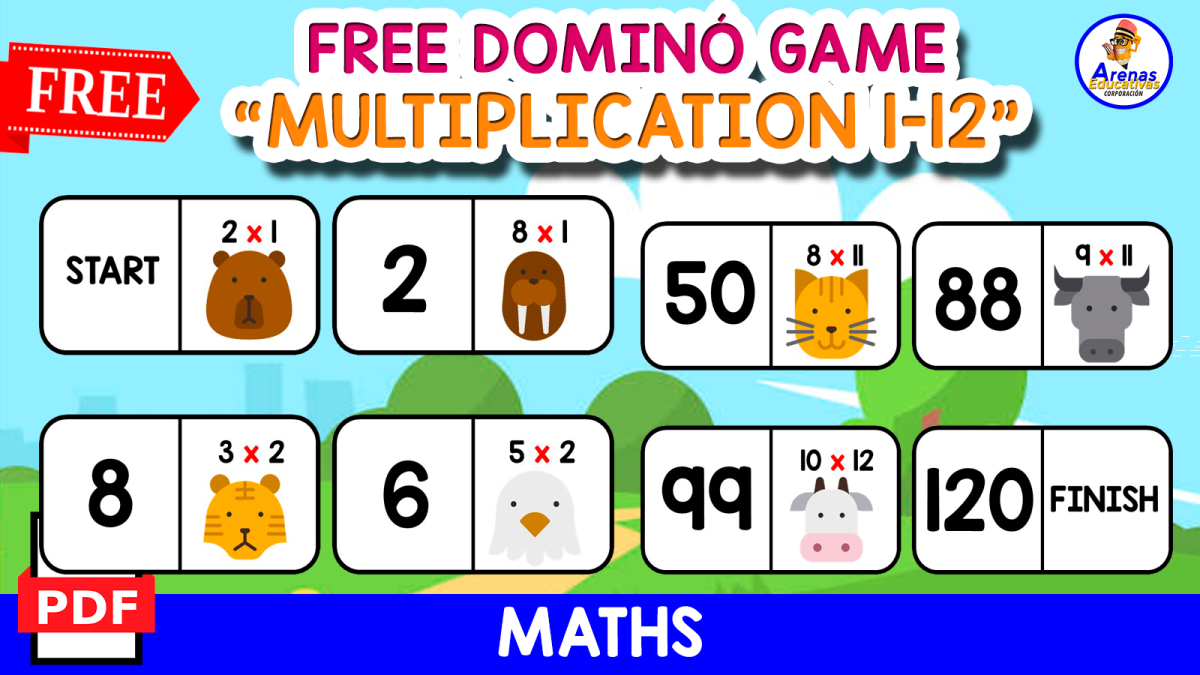 An educational teaching resource from EDITORIAL LAURA EDUCA entitled FREE DOMINÓ GAME OF MULTIPLICATION | Animals Themed downloadable at Teach Simple.