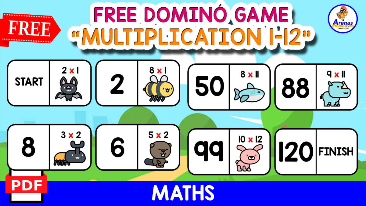 An educational teaching resource from EDITORIAL LAURA EDUCA entitled FREE DOMINÓ GAME OF MULTIPLICATION | Made WITH ANIMALS THEMED downloadable at Teach Simple.