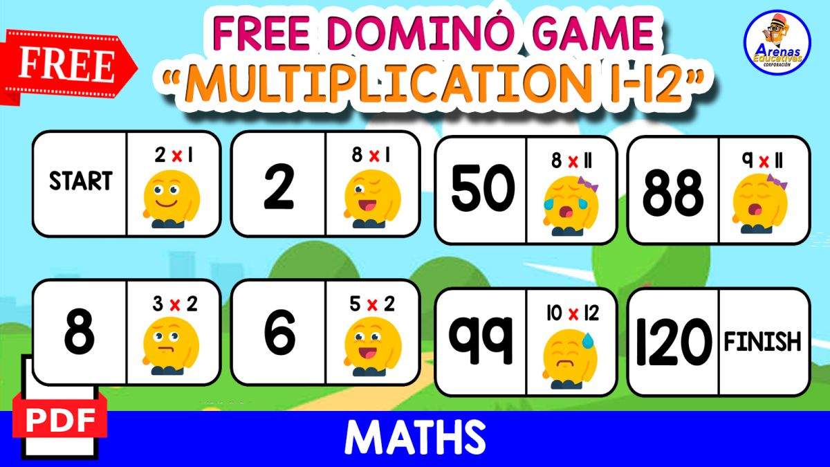 An educational teaching resource from EDITORIAL LAURA EDUCA entitled FREE DOMINÓ GAME OF MULTIPLICATION | Made with Emojis Themed downloadable at Teach Simple.
