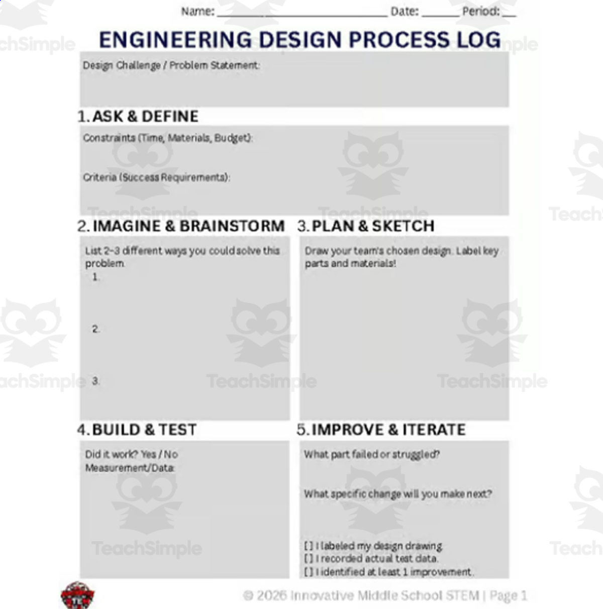 An educational teaching resource from Innovative Middle School STEM entitled FREE Engineering Design Process Worksheet Template (K–12) downloadable at Teach Simple.