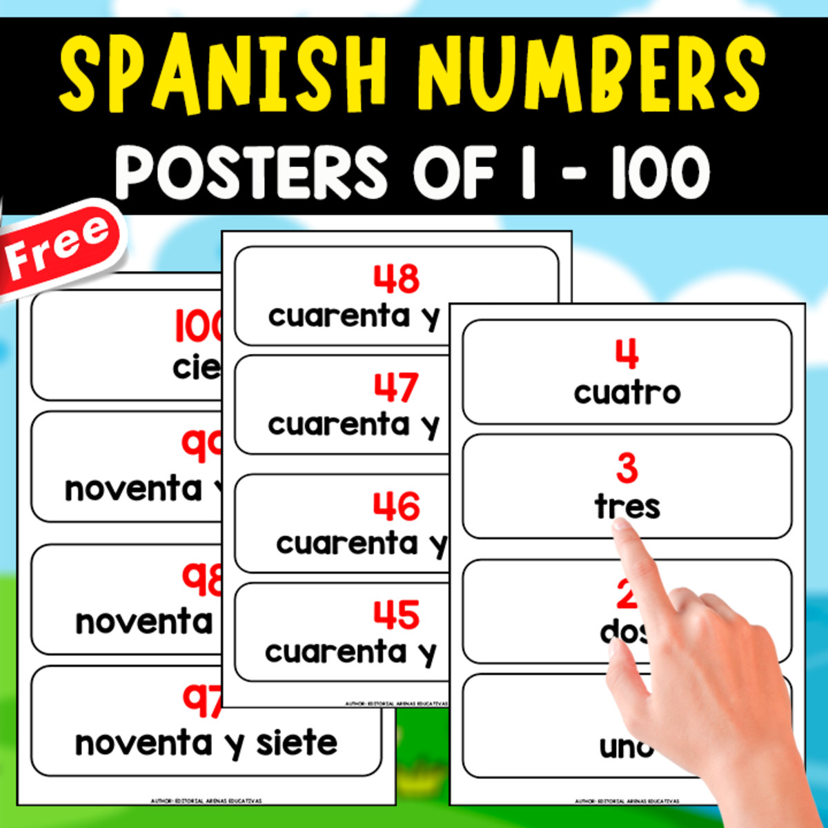 An educational teaching resource from EDITORIAL LAURA EDUCA entitled FREE FLASHCARDS OF SPANISH NUMBERS 1 TO 100 downloadable at Teach Simple.