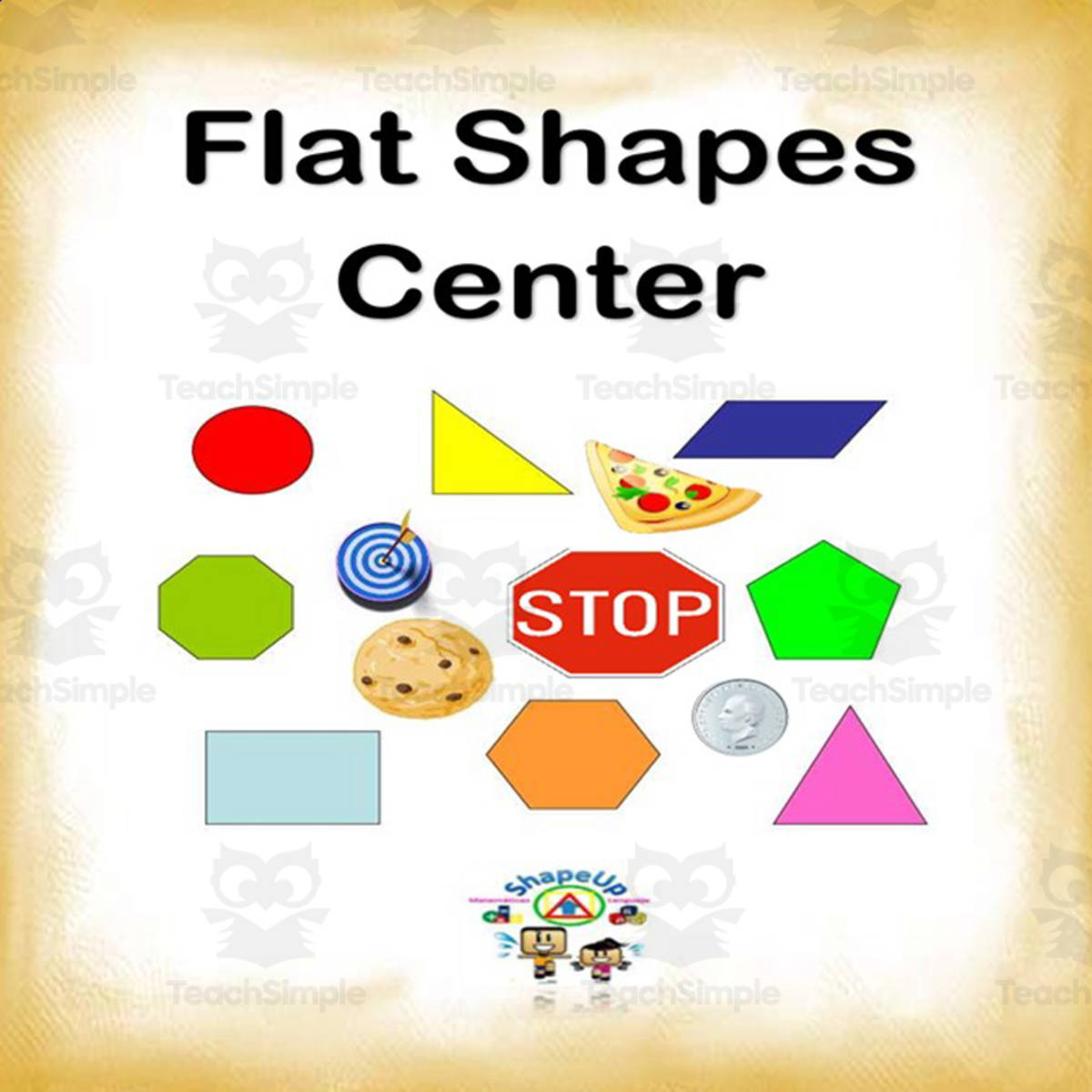 An educational teaching resource from ShapeUp-N-Matematicas y Lenguaje entitled Free Flat Shapes Interactive Center Activity downloadable at Teach Simple.