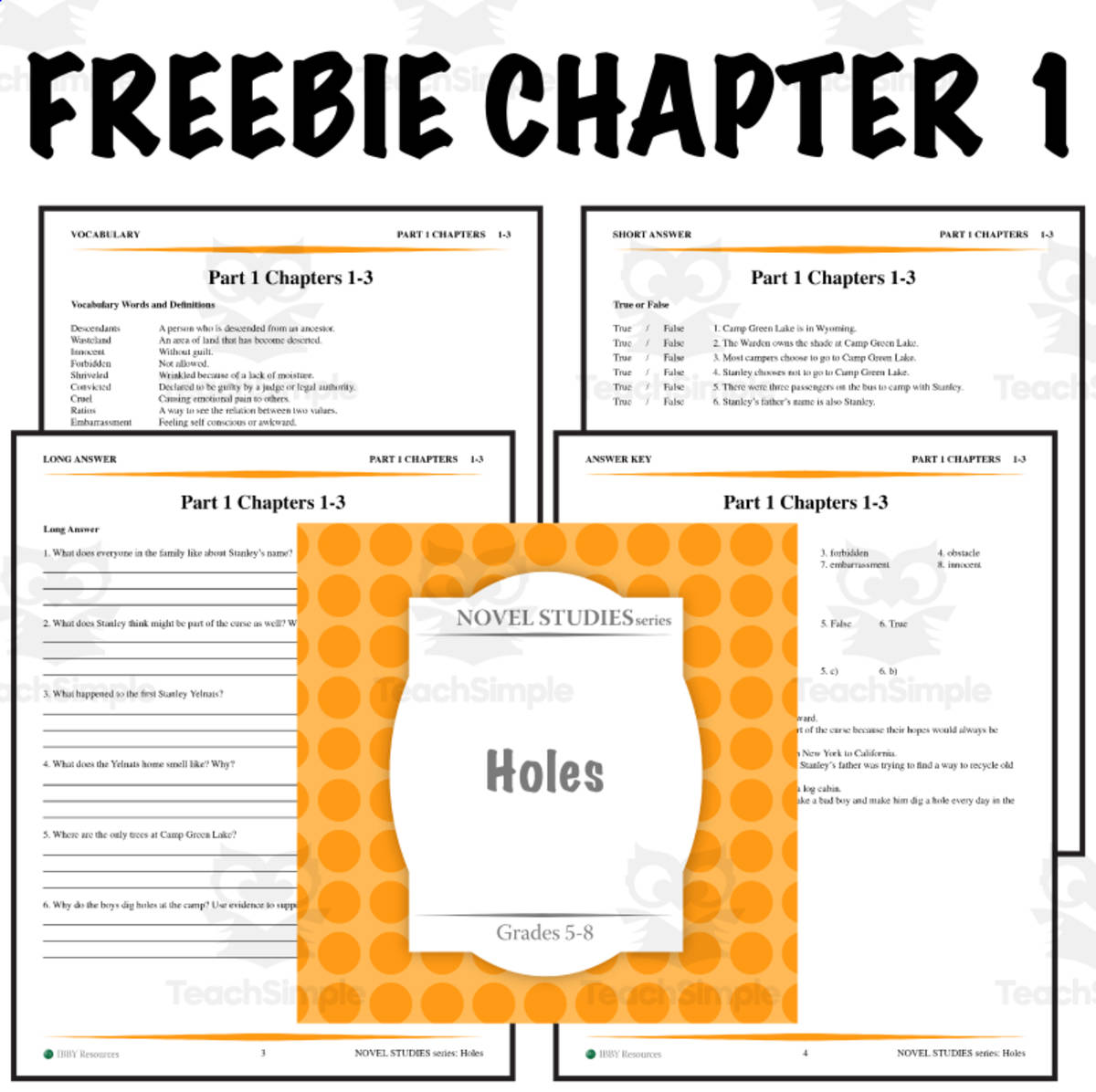 An educational teaching resource from Ibby Resources entitled FREE: Holes Novel Study Guide – Chapter 1 downloadable at Teach Simple.