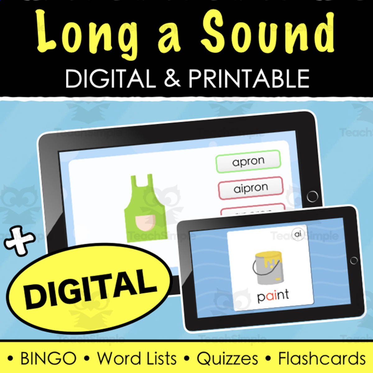 An educational teaching resource from Tom's Talk entitled FREE Long a Sound - Digital Quiz, Digital Flash Cards, Word Lists and Quizzes downloadable at Teach Simple.