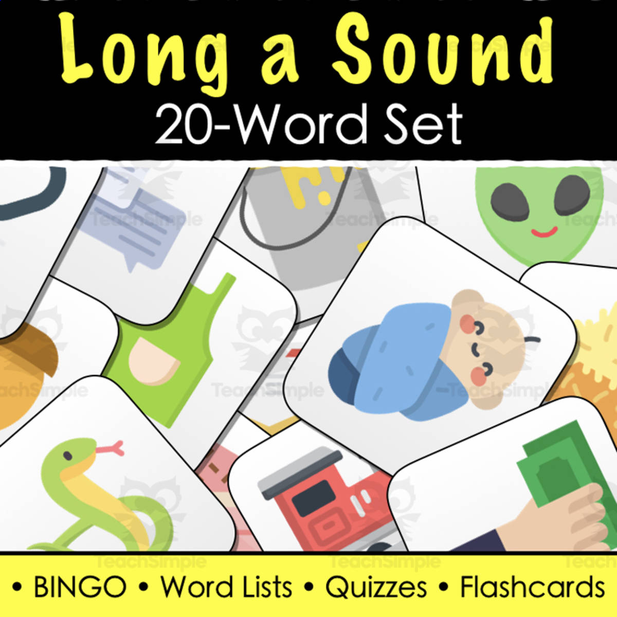 An educational teaching resource from Tom's Talk entitled FREE Long a Sound - Word Lists, Tests, BINGO - Print & Digital | 20-Word Set downloadable at Teach Simple.
