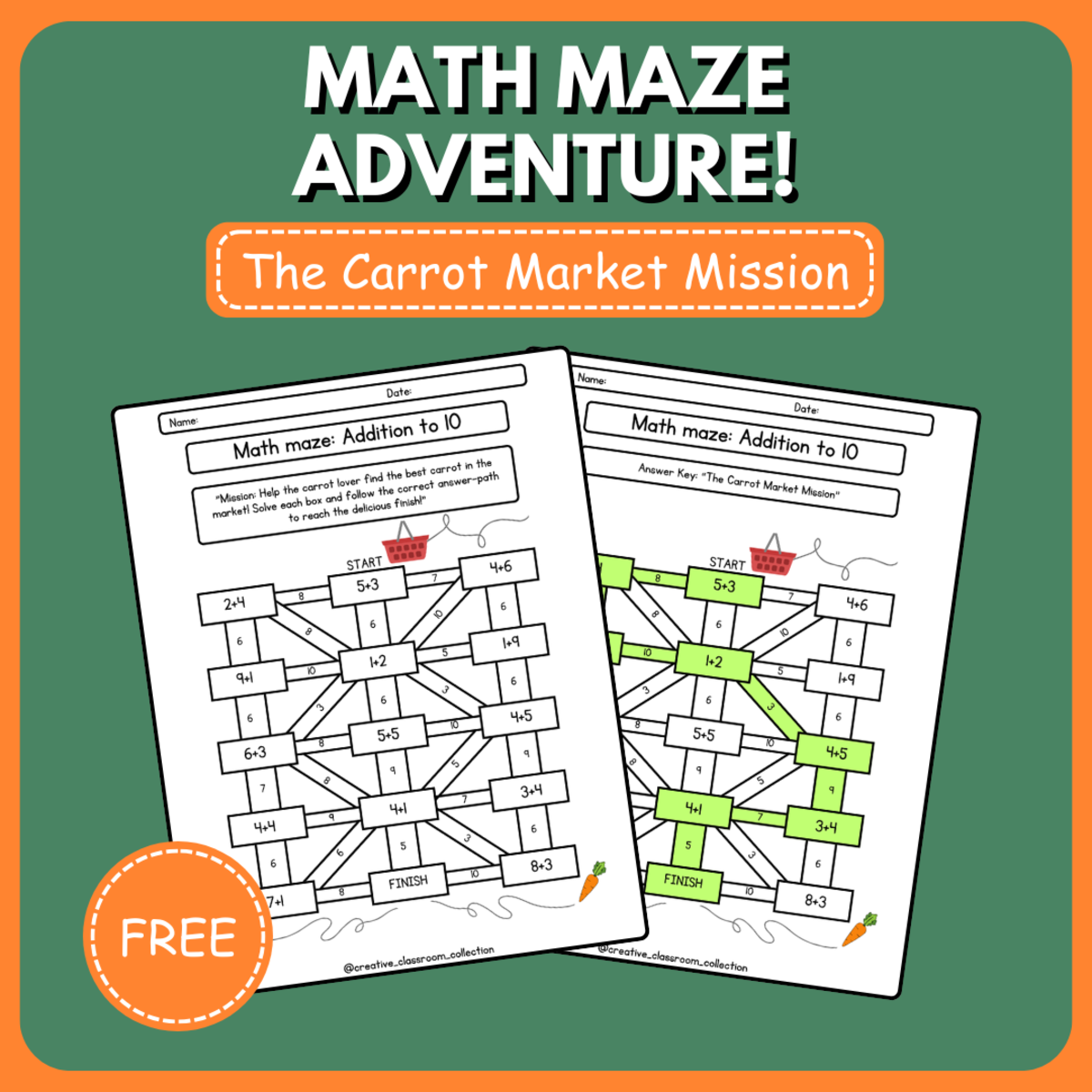 An educational teaching resource from Creative Classroom Collection entitled FREE MATH MAZE: ADDITION TO 10!! ( 01 WORKSHEET + ANSWER KEY ) N°2 downloadable at Teach Simple.