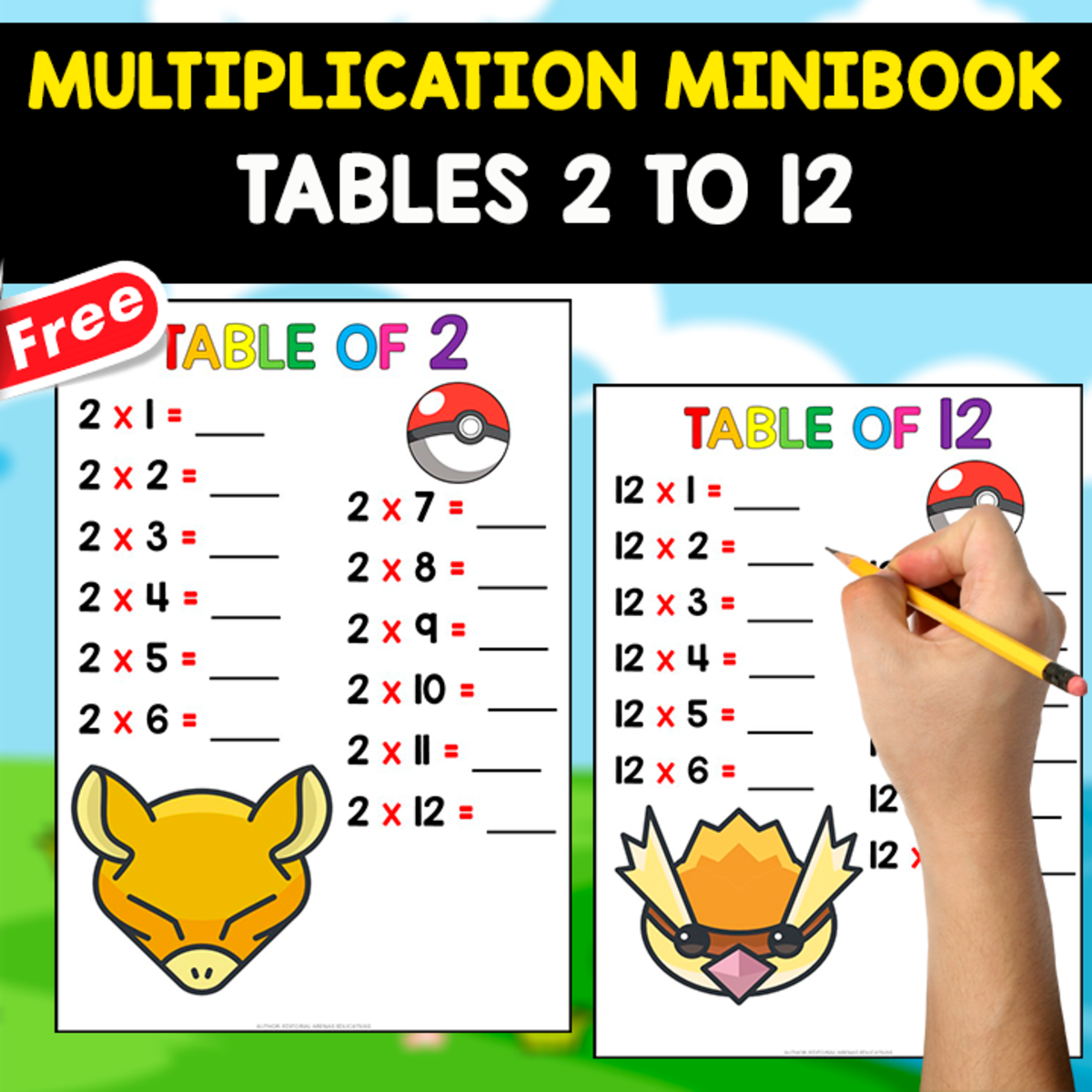An educational teaching resource from EDITORIAL LAURA EDUCA entitled FREE MINIBOOK OF MULTIPLICATION | 2 TO 12 | POKEMON THEMED downloadable at Teach Simple.