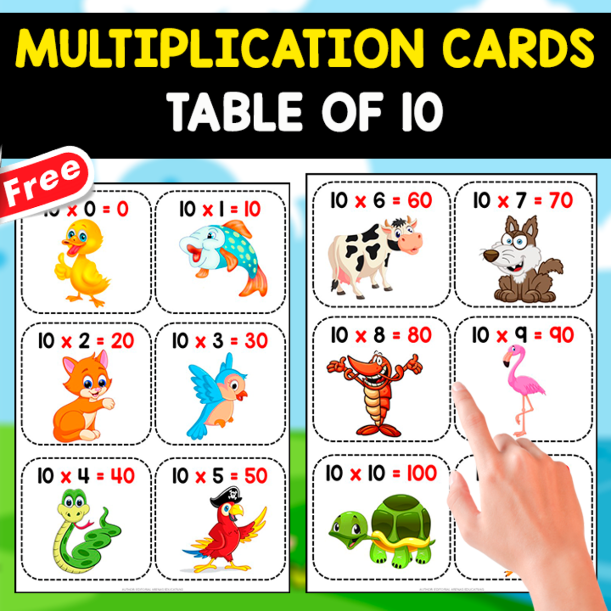 An educational teaching resource from EDITORIAL LAURA EDUCA entitled FREE MULTIPLICATION FLASHCARDS BY 10 | FREE MATH RESOURCE downloadable at Teach Simple.