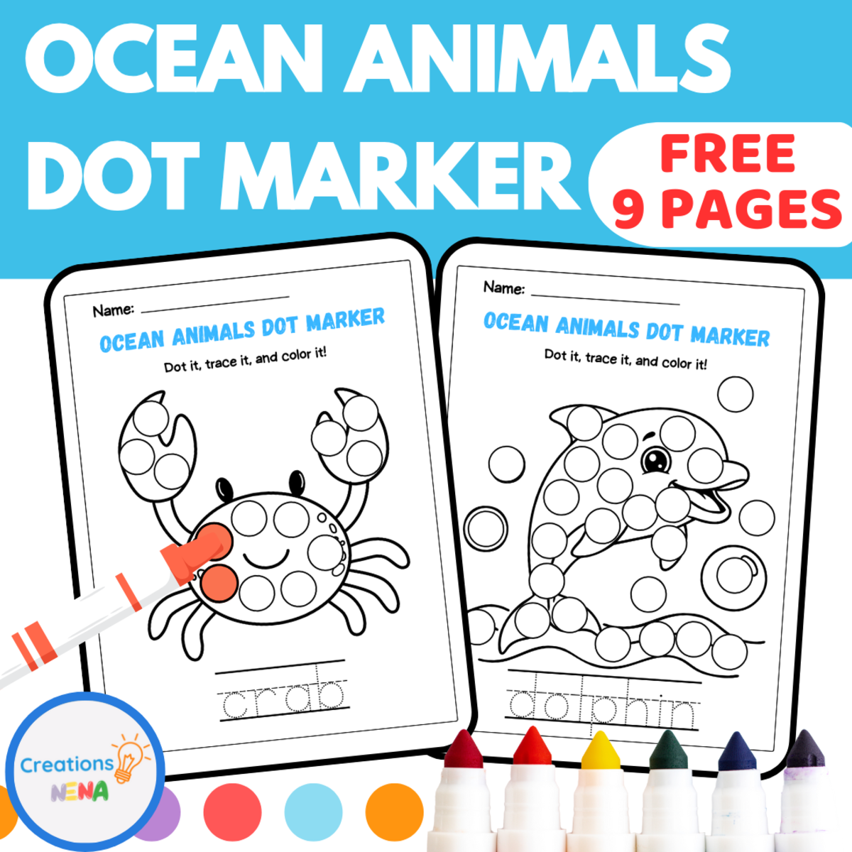 An educational teaching resource from Nena Creations entitled Free Ocean Animals Dot Marker Worksheets downloadable at Teach Simple.
