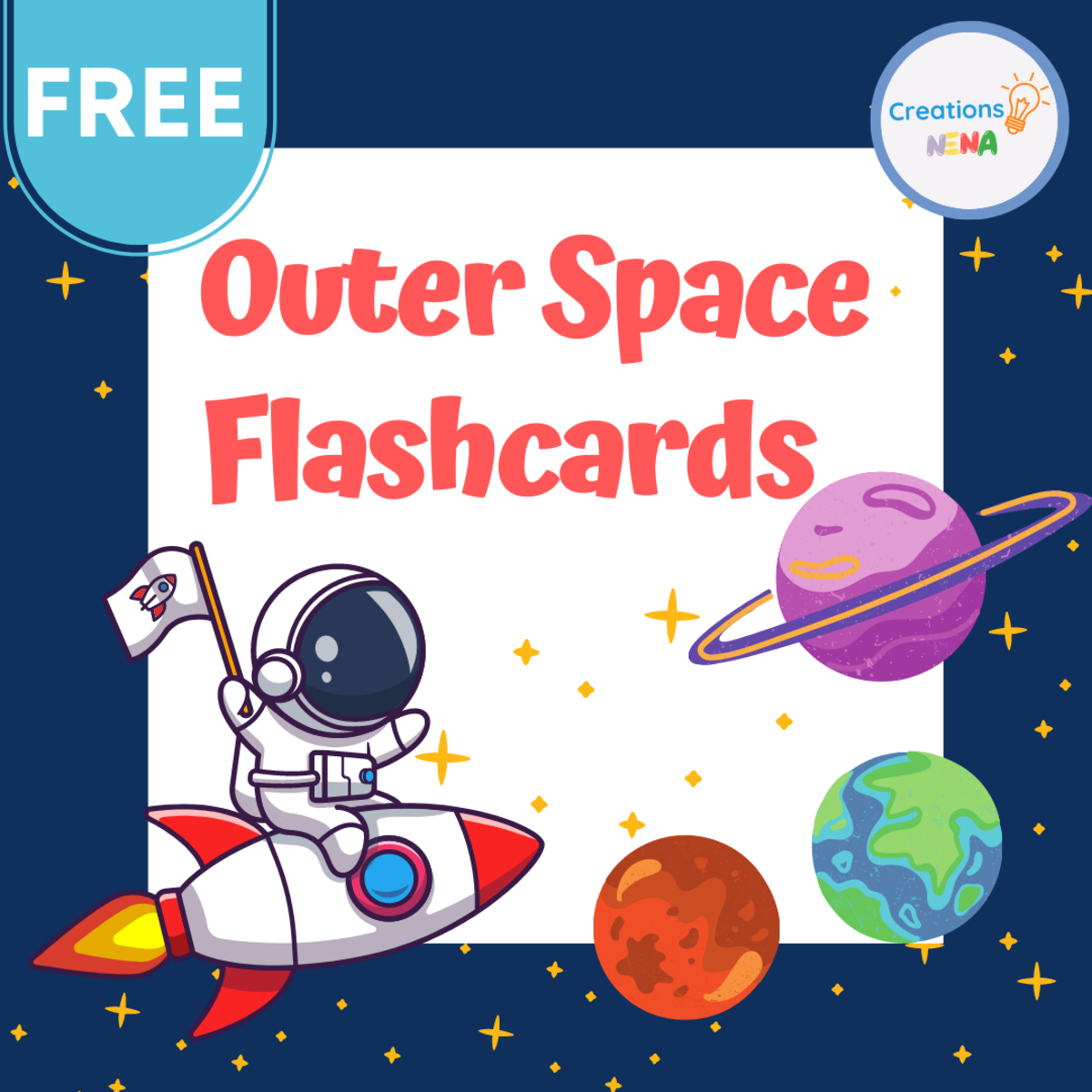 An educational teaching resource from Nena Creations entitled Free Outer Space Flashcards , Solar System, Planets, Astronauts. downloadable at Teach Simple.