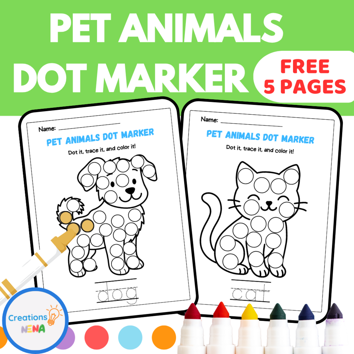An educational teaching resource from Nena Creations entitled Free Pet Animals Dot Marker Worksheets downloadable at Teach Simple.