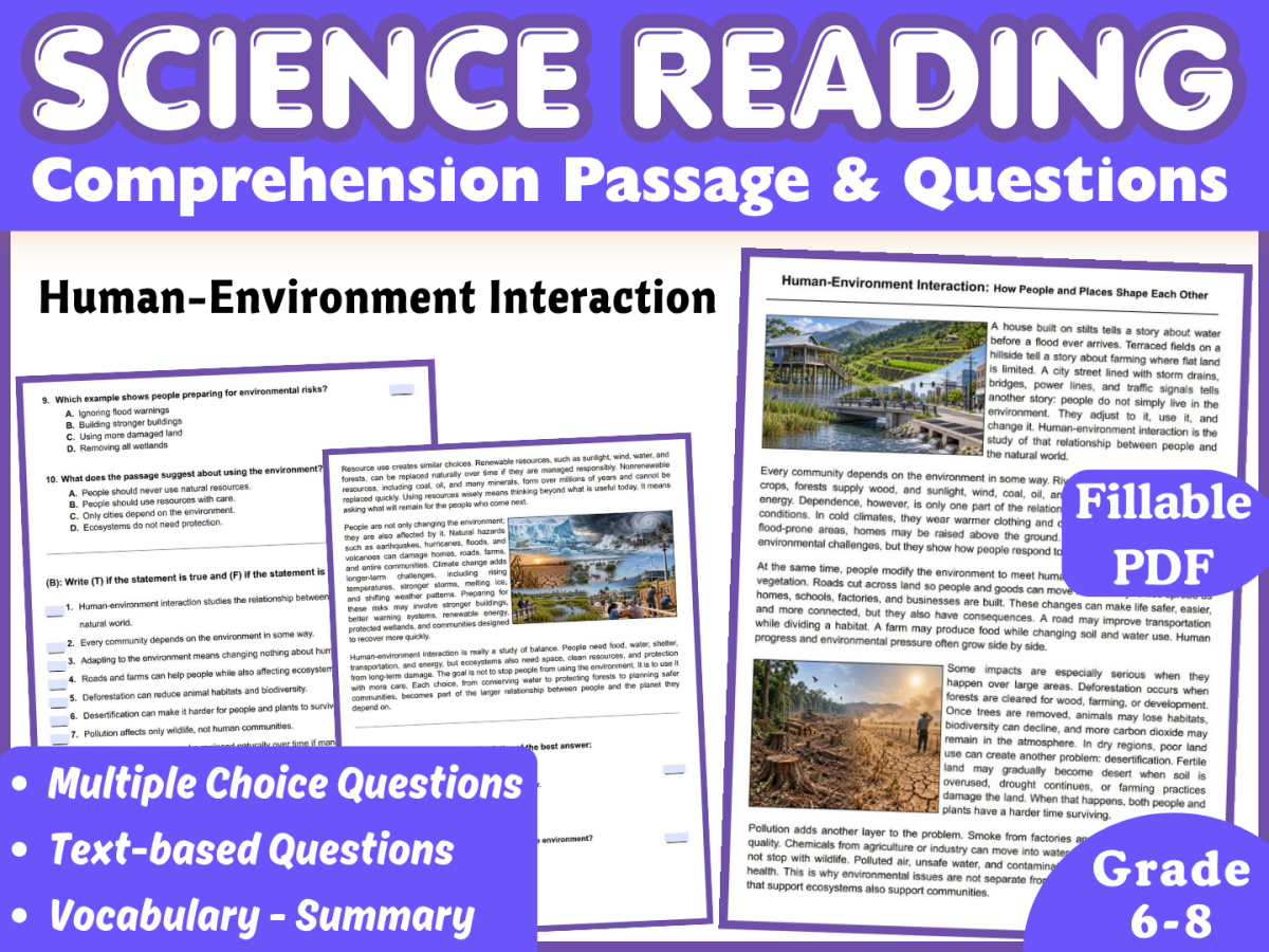 An educational teaching resource from Middle & High School - CORED Education entitled FREE Reading Comprehension: Human-Environment Interaction Fillable PDF downloadable at Teach Simple.