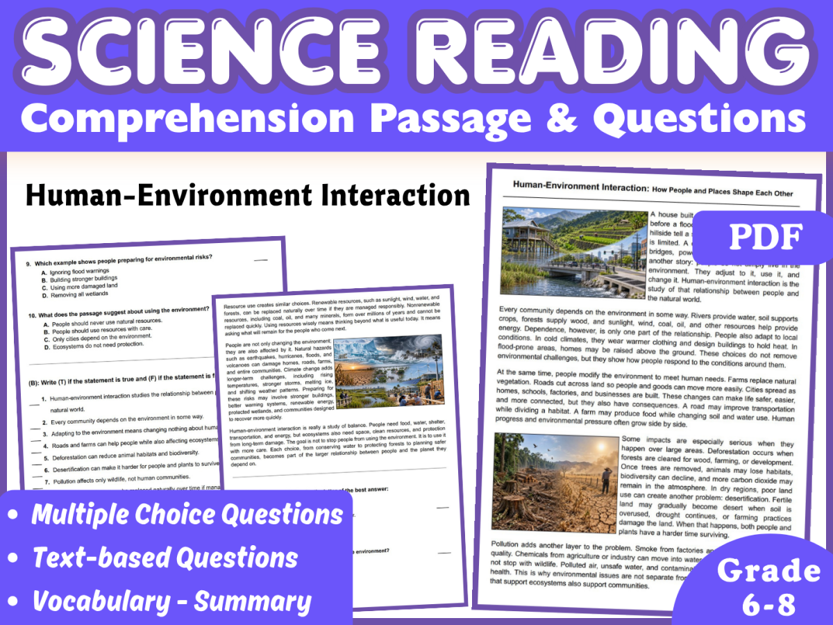 An educational teaching resource from Middle & High School - CORED Education entitled FREE Reading Comprehension: Human-Environment Interaction (PDF) downloadable at Teach Simple.