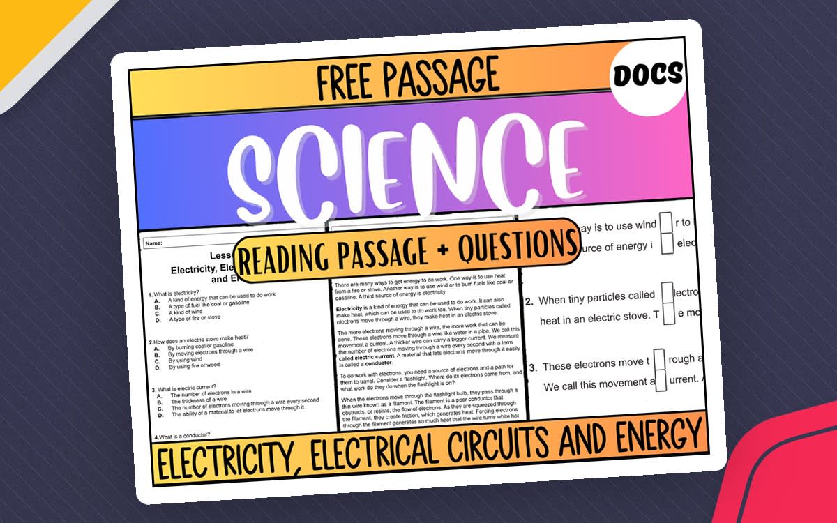 An educational teaching resource from Cored Education entitled Free Reading Passage: Electricity, Electrical Circuits and Energy Docs downloadable at Teach Simple.
