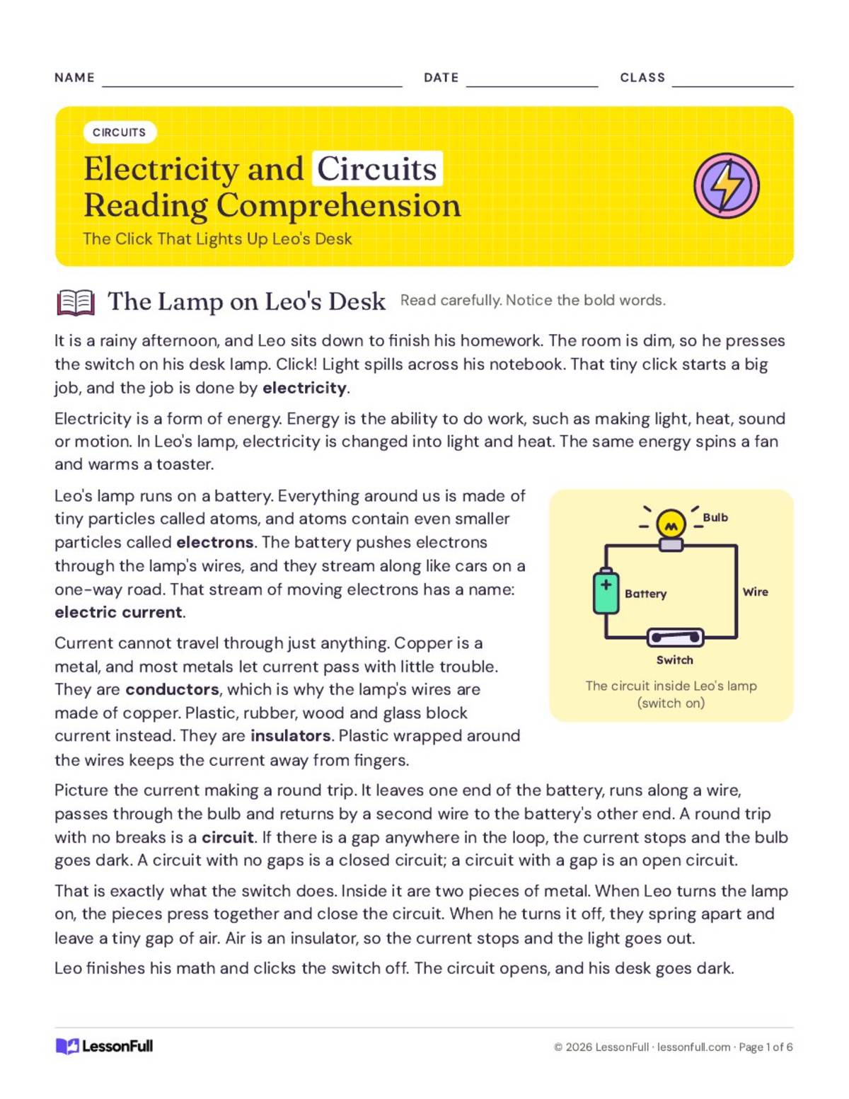 Free Reading Passage – Electricity, Circuits & Energy preview