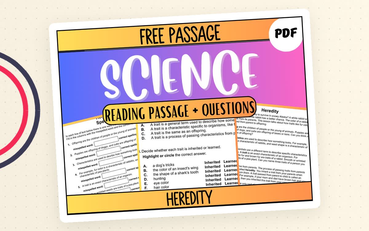 An educational teaching resource from Cored Education entitled Free Reading Passage: Heredity PDF downloadable at Teach Simple.
