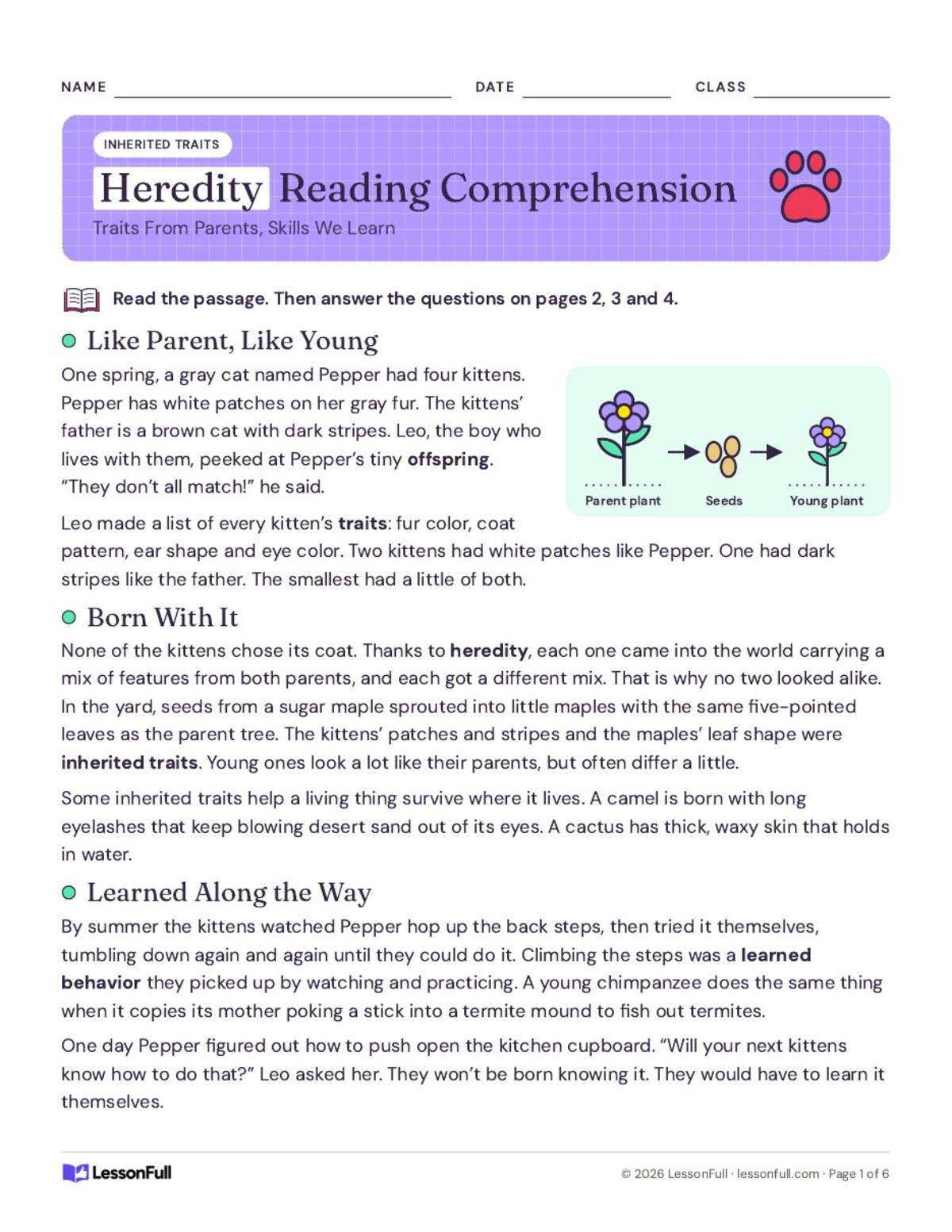 Free Reading Passage: Heredity PDF preview