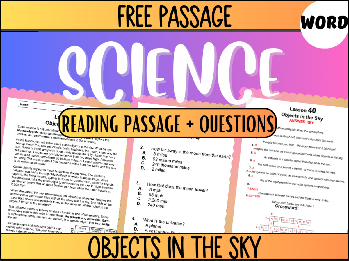 An educational teaching resource from Cored Education entitled Free Reading Passage: Objects in the Sky (Word) downloadable at Teach Simple.