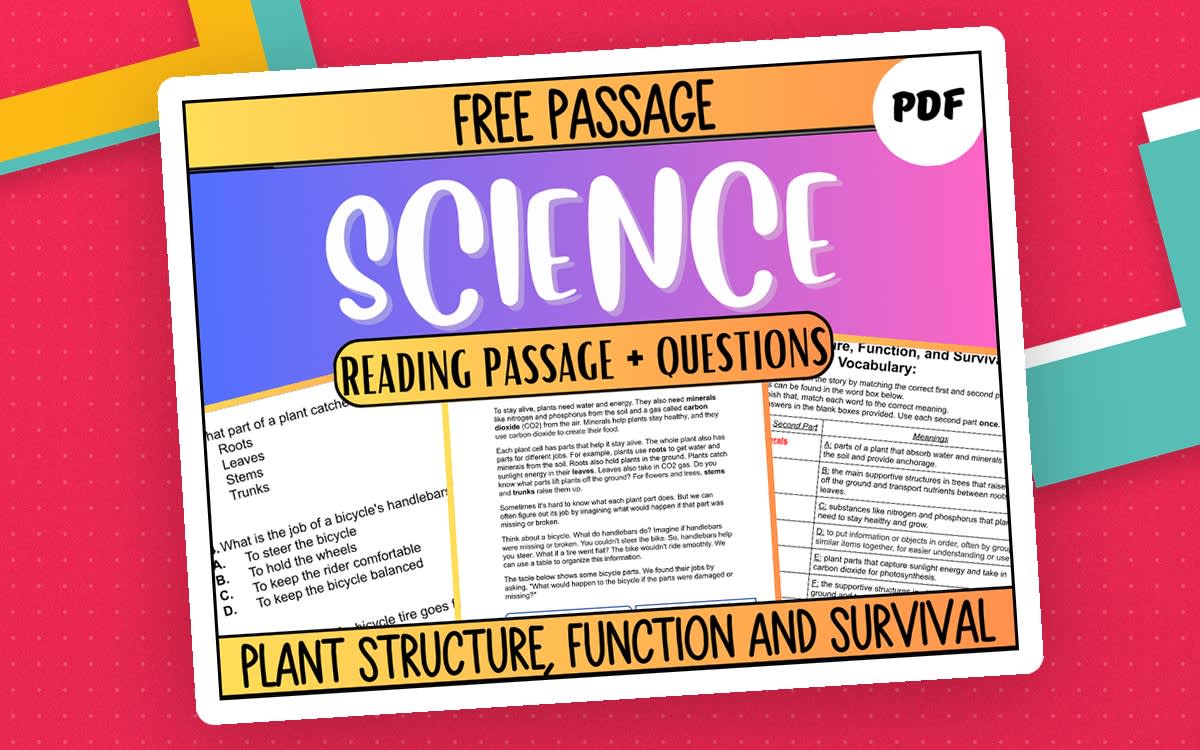 An educational teaching resource from Cored Education entitled Free Reading Passage: Plant Structure, Function, and Survival PDF downloadable at Teach Simple.