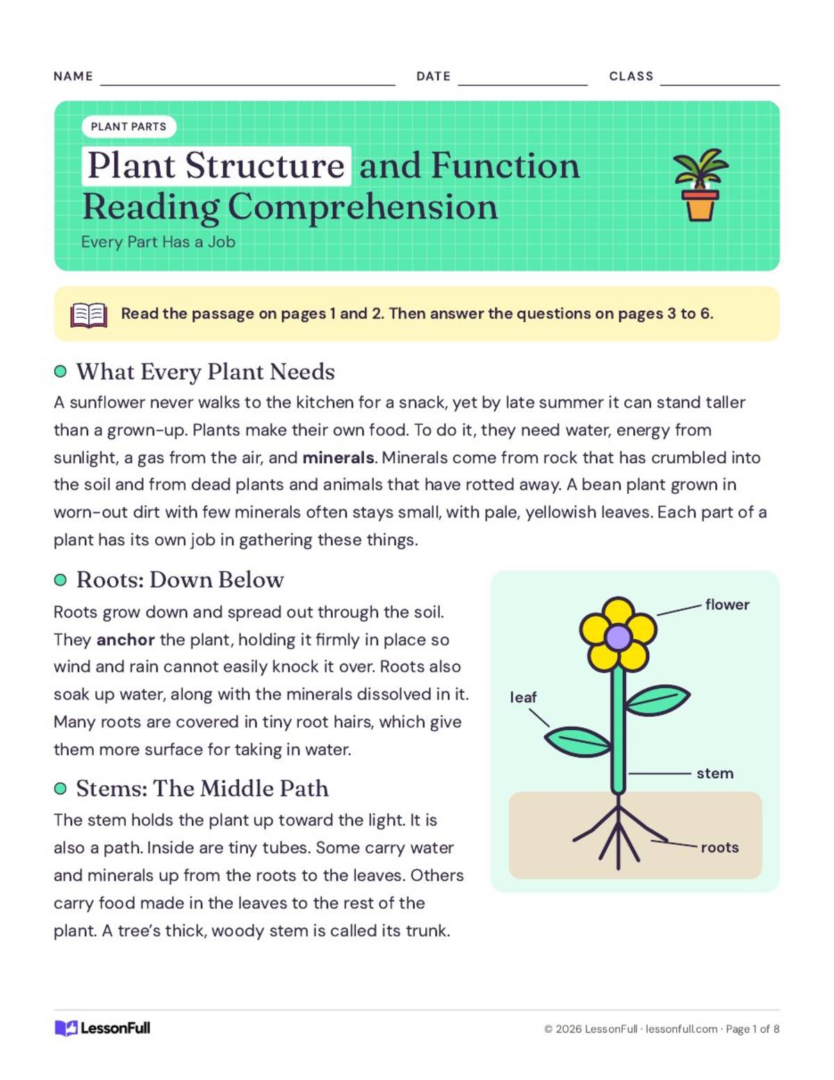 Free Reading Passage: Plant Structure, Function, and Survival PDF preview