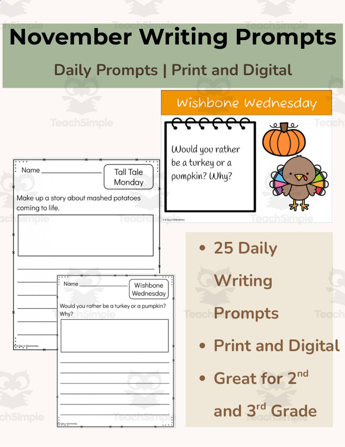 An educational teaching resource from A Day In Elementary entitled Free Sample — November Daily Writing Prompts | 2nd–3rd Grade downloadable at Teach Simple.