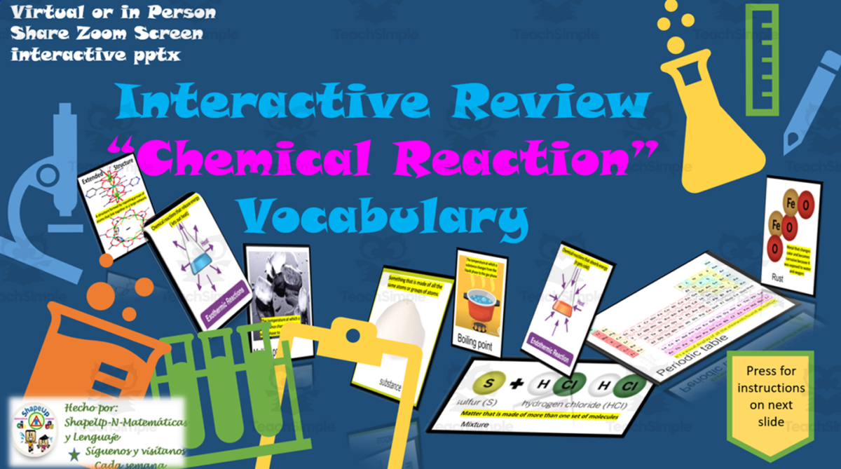 An educational teaching resource from ShapeUp-N-Matematicas y Lenguaje entitled Free Science Chemical Reaction Interactive Vocabulary Review Activity downloadable at Teach Simple.