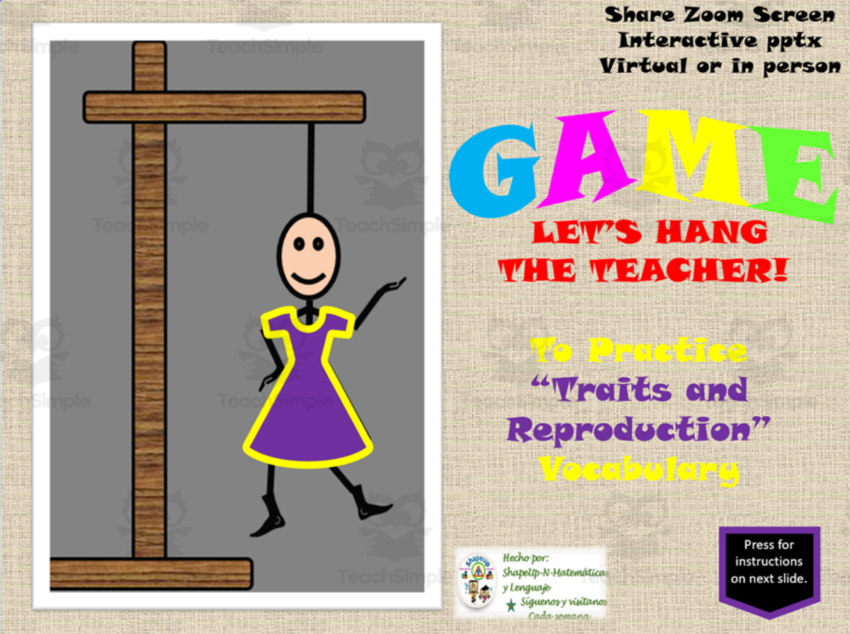An educational teaching resource from ShapeUp-N-Matematicas y Lenguaje entitled Free Science Interactive Hangman / Traits and Reproduction Vocabulary downloadable at Teach Simple.