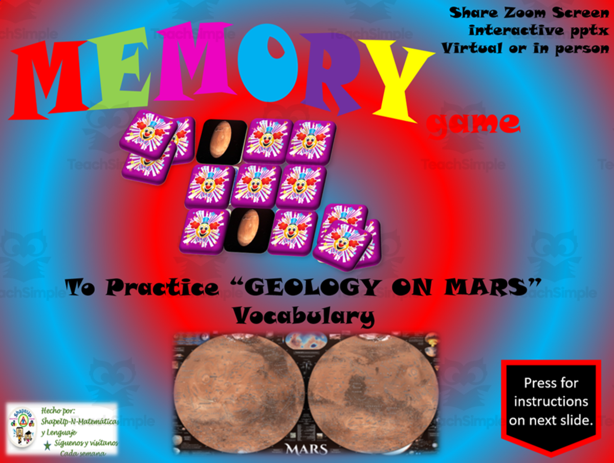 An educational teaching resource from ShapeUp-N-Matematicas y Lenguaje entitled Free Science Interactive Memory Game / Geology on Mars Vocabulary downloadable at Teach Simple.