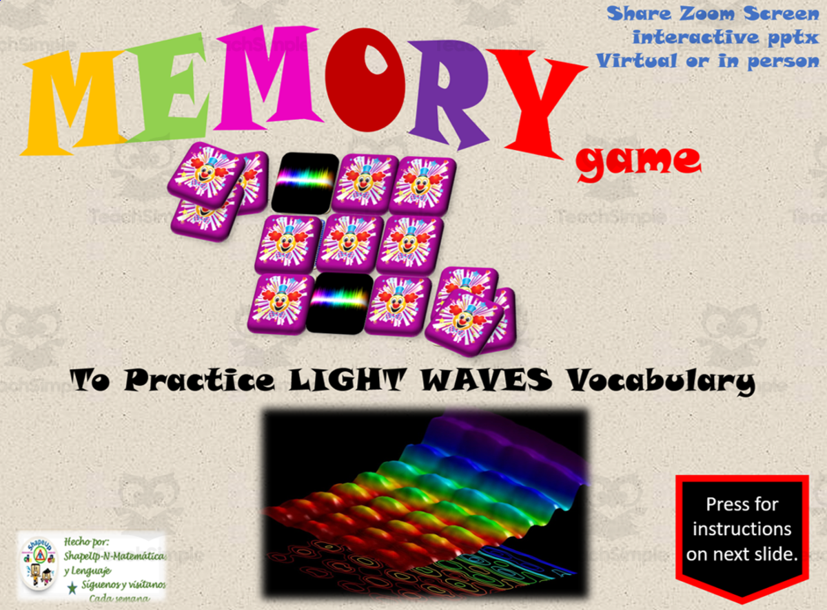 An educational teaching resource from ShapeUp-N-Matematicas y Lenguaje entitled Free Science Interactive Memory Game / Light Waves Vocabulary downloadable at Teach Simple.