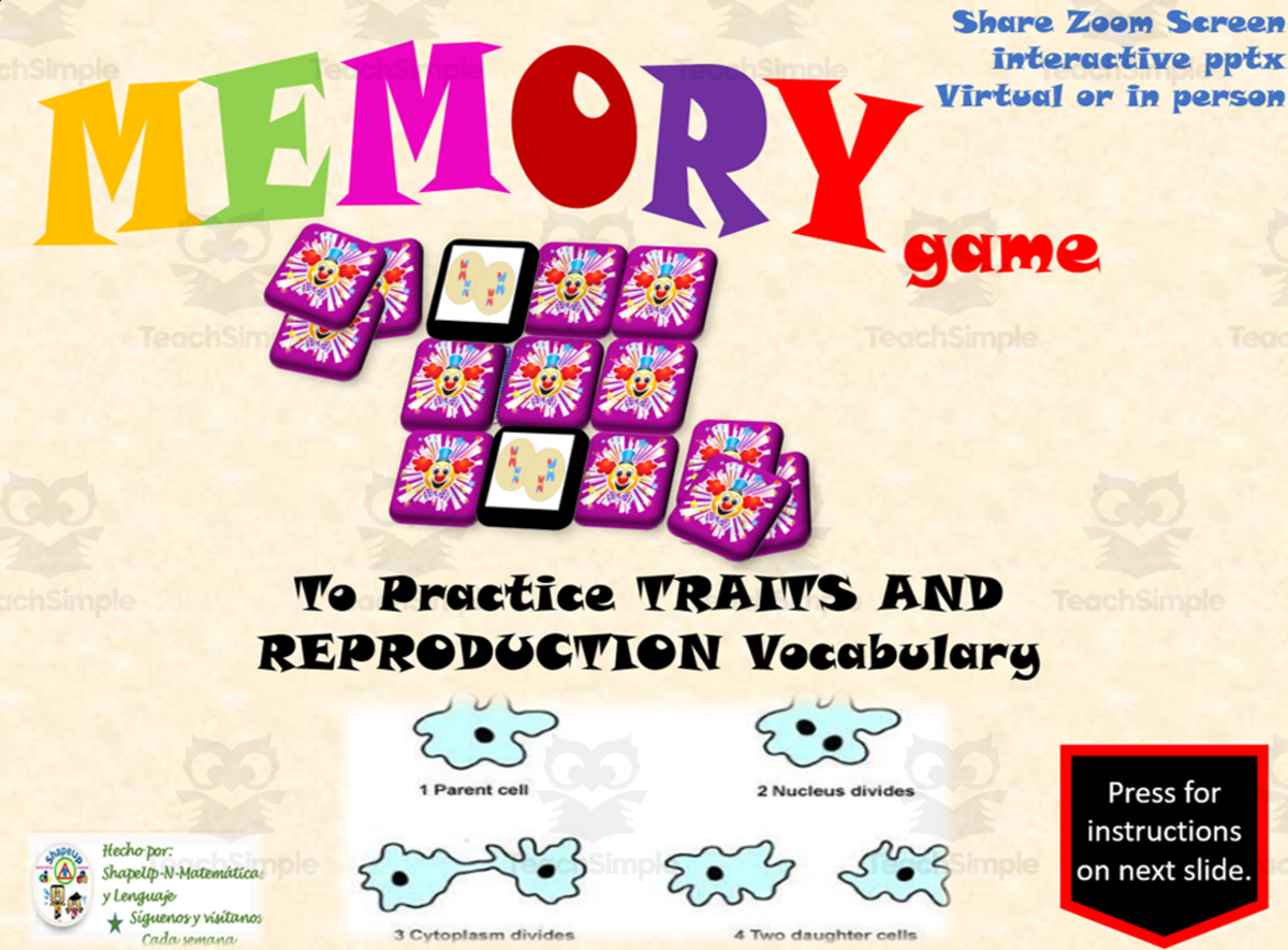 An educational teaching resource from ShapeUp-N-Matematicas y Lenguaje entitled Free Science Interactive Memory Game / Traits and Reproduction Voc. downloadable at Teach Simple.