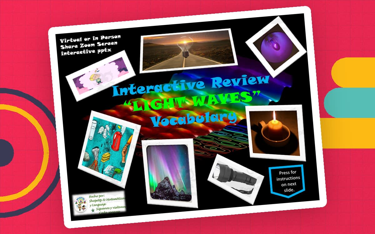 An educational teaching resource from ShapeUp-N-Matematicas y Lenguaje entitled Free Science Light Waves Interactive Vocabulary Review Activity downloadable at Teach Simple.