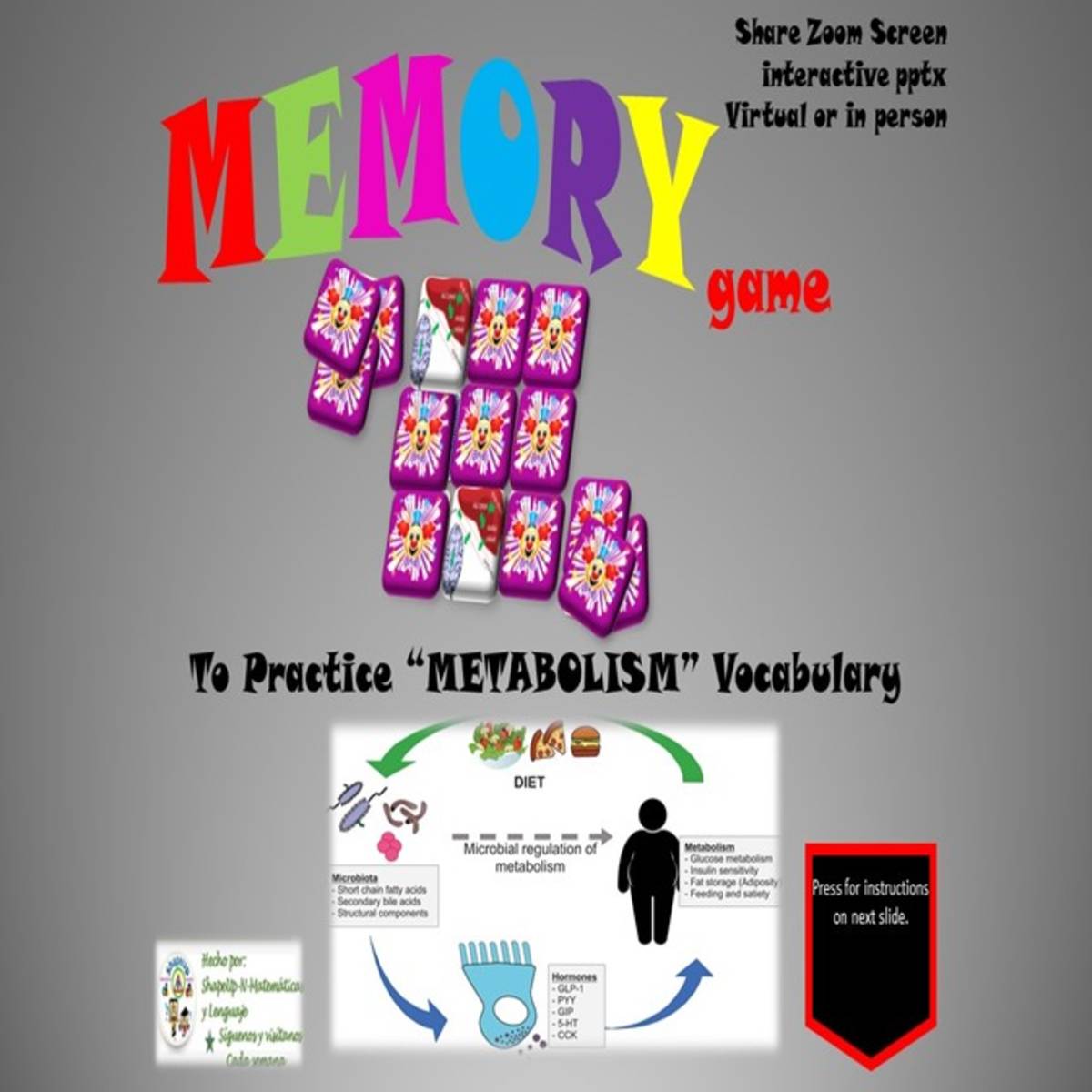 An educational teaching resource from ShapeUp-N-Matematicas y Lenguaje entitled Free Science Metabolism Vocabulary Interactive Memory Game downloadable at Teach Simple.