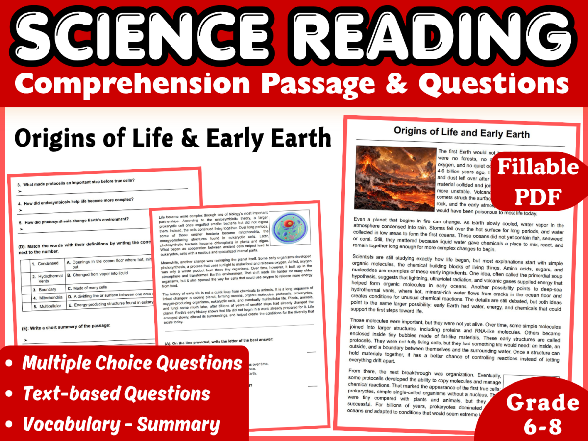 Free Science Reading Comprehension: Origins of Life (Fillable PDF) preview