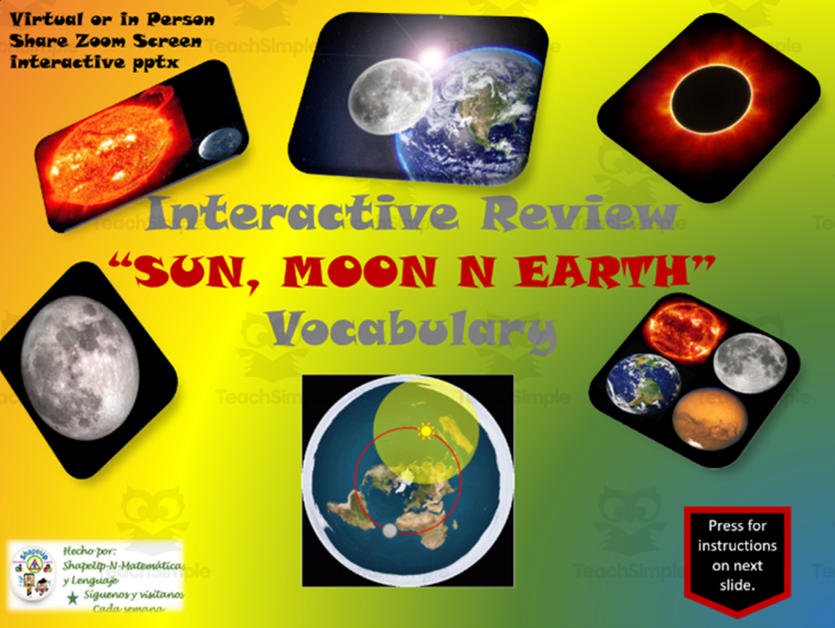 An educational teaching resource from ShapeUp-N-Matematicas y Lenguaje entitled Free Science - Sun, Moon and Earth Interactive Vocabulary Activity downloadable at Teach Simple.