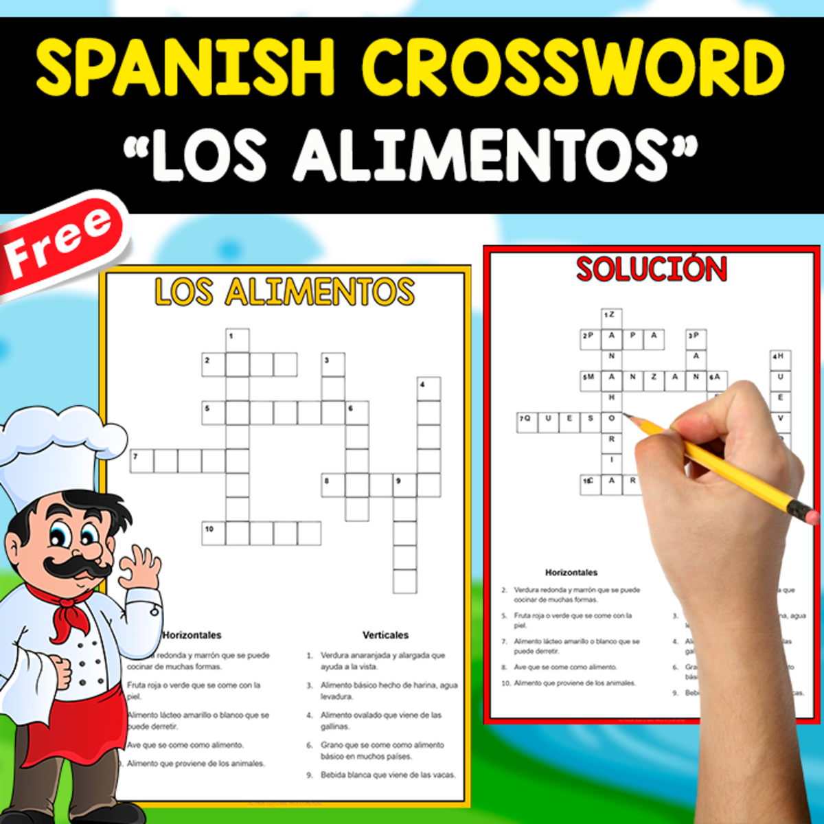 An educational teaching resource from EDITORIAL LAURA EDUCA entitled FREE SPANISH CROSSWORD + SOLUTION | LOS ALIMENTOS downloadable at Teach Simple.