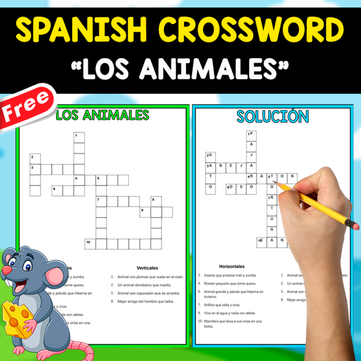An educational teaching resource from EDITORIAL LAURA EDUCA entitled FREE SPANISH CROSSWORD + SOLUTION | LOS ANIMALES downloadable at Teach Simple.