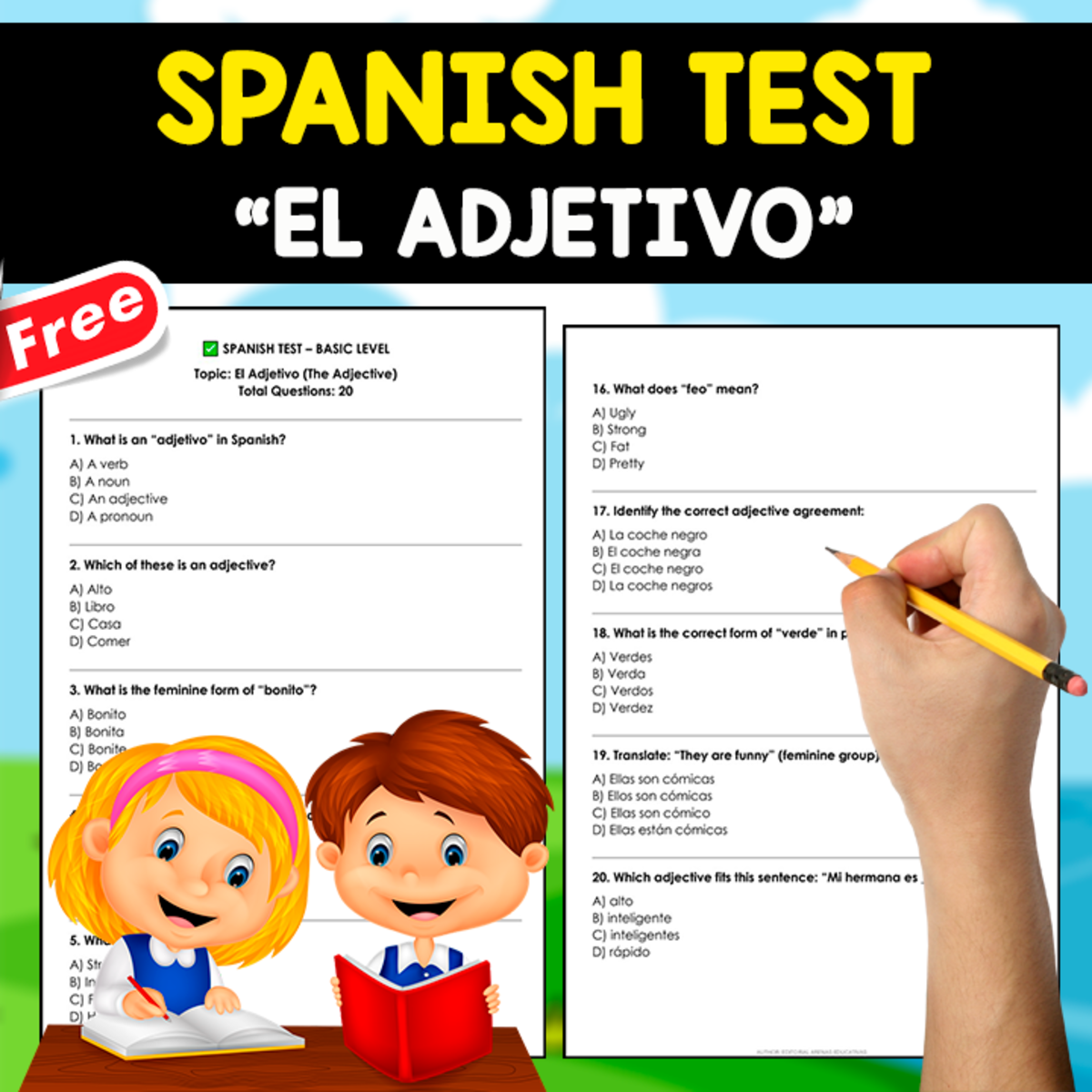 An educational teaching resource from EDITORIAL LAURA EDUCA entitled FREE SPANISH GRAMMAR TEST | EL ADJETIVO downloadable at Teach Simple.