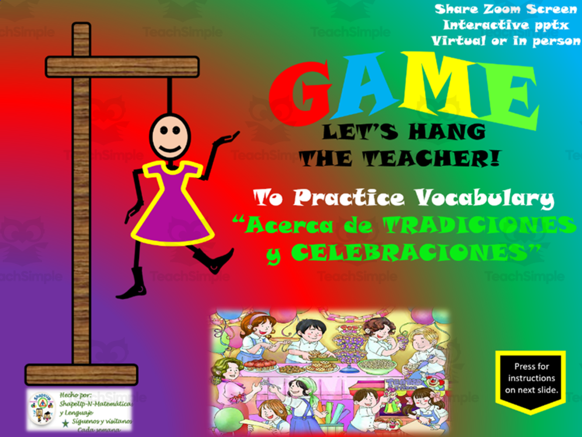 An educational teaching resource from ShapeUp-N-Matematicas y Lenguaje entitled Free Spanish Interactive Hangman Game de Tradiciones y Celebraciones downloadable at Teach Simple.