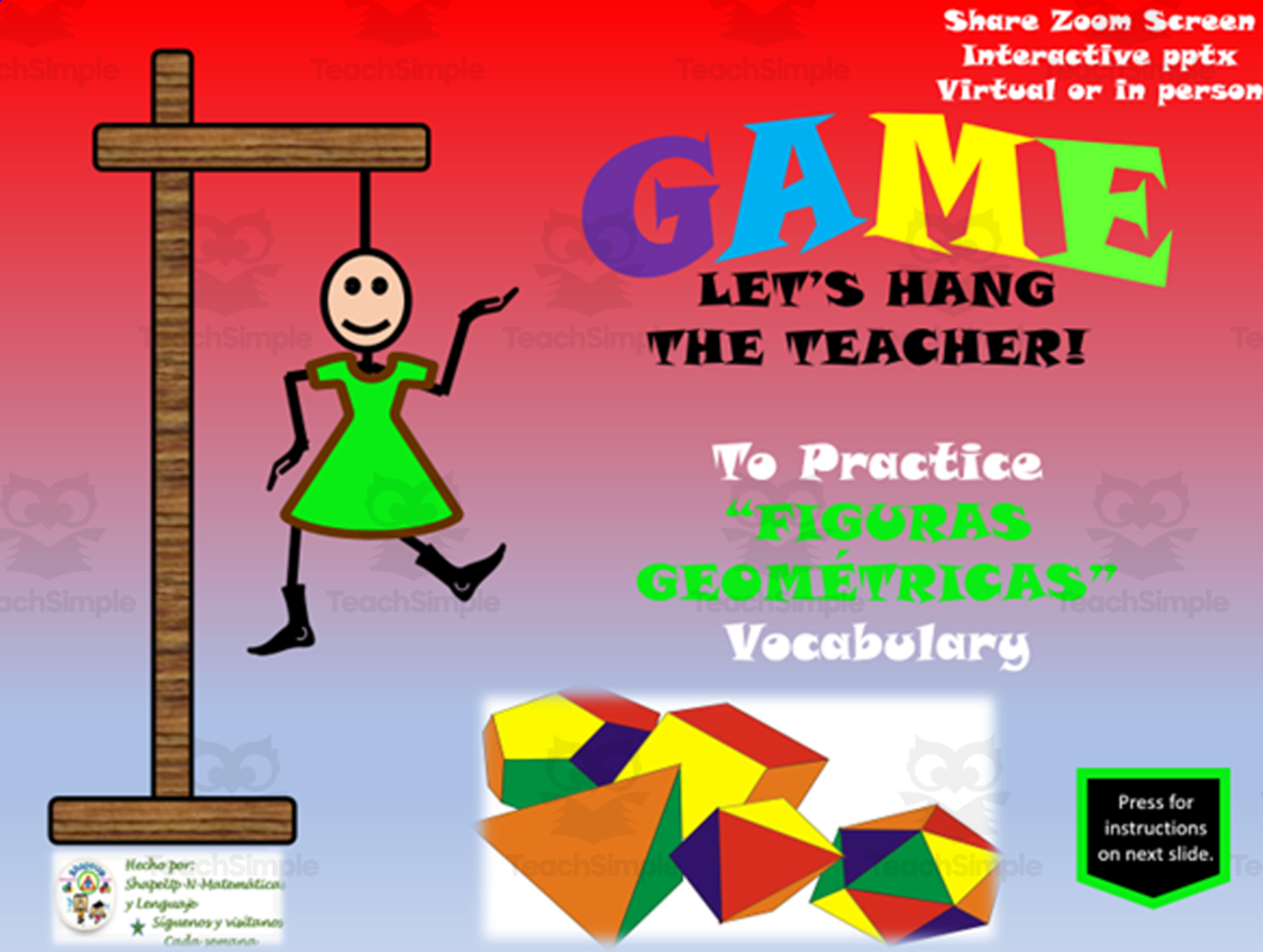 An educational teaching resource from ShapeUp-N-Matematicas y Lenguaje entitled Free Spanish Interactive Hangman Game / Math Figuras Geometricas downloadable at Teach Simple.