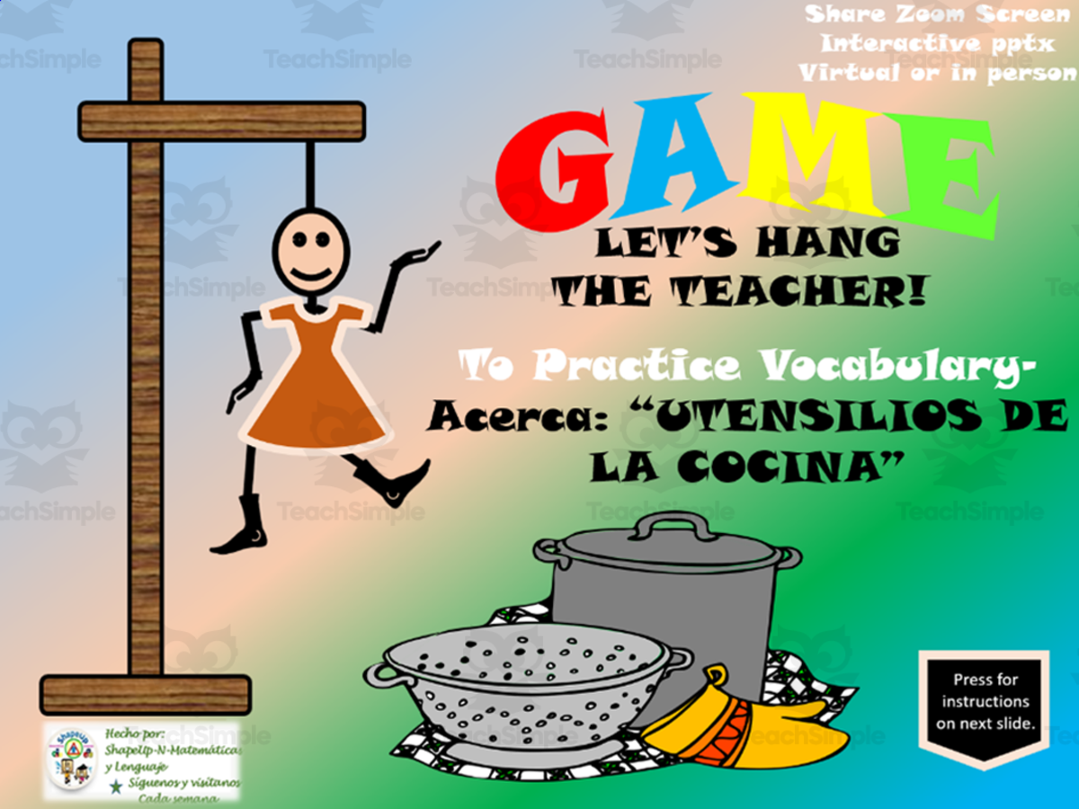 An educational teaching resource from ShapeUp-N-Matematicas y Lenguaje entitled Free Spanish Interactive Hangman Game Practice La Cocina e Utensilios downloadable at Teach Simple.