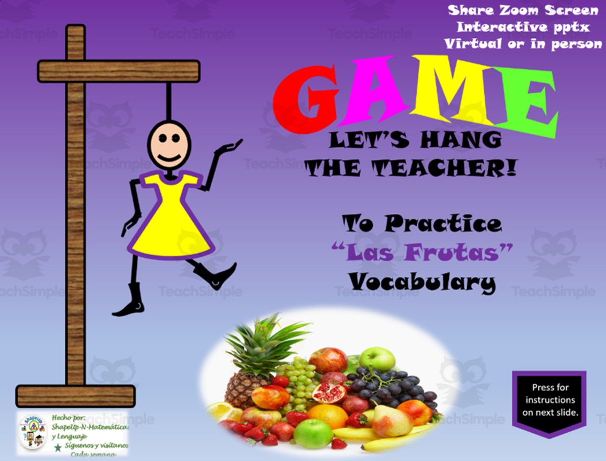 An educational teaching resource from ShapeUp-N-Matematicas y Lenguaje entitled Free Spanish Interactive Hangman Game to Practice Las Frutas o Sabores downloadable at Teach Simple.