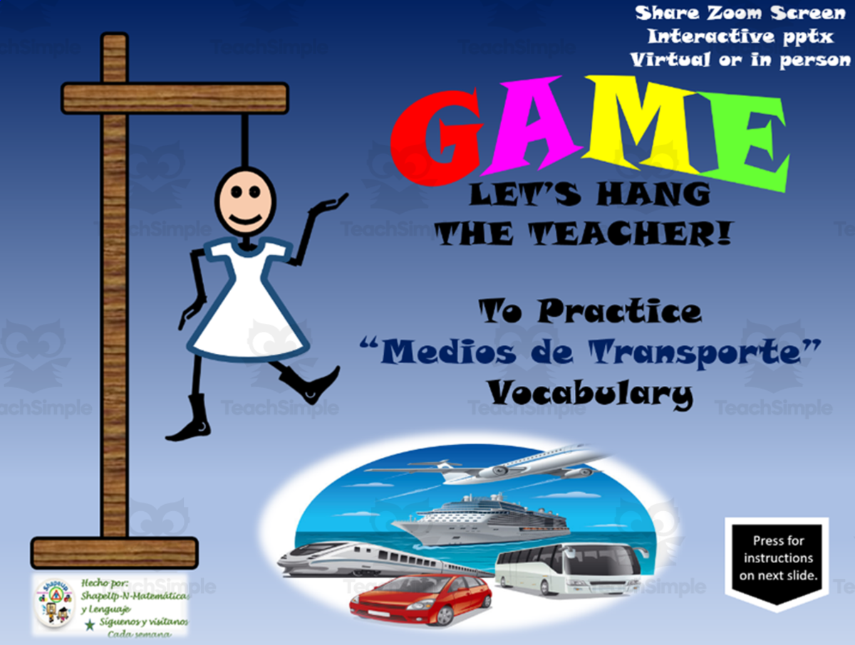 An educational teaching resource from ShapeUp-N-Matematicas y Lenguaje entitled Free Spanish Interactive Hangman Game to Practice Medios de Transporte downloadable at Teach Simple.