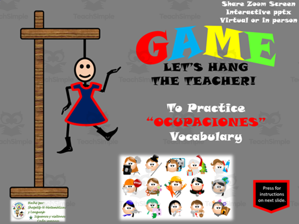 An educational teaching resource from ShapeUp-N-Matematicas y Lenguaje entitled Free Spanish Interactive Hangman Game to Practice Ocupaciones /Empleos downloadable at Teach Simple.