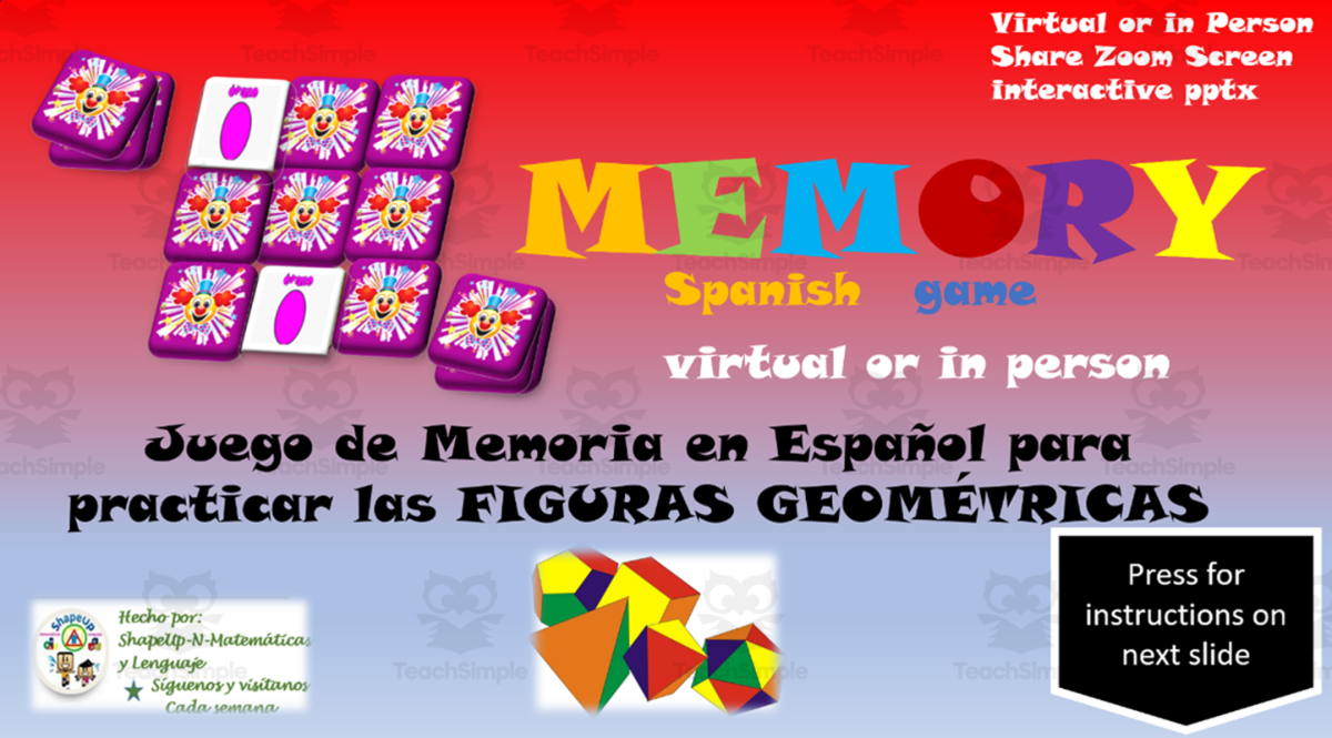 An educational teaching resource from ShapeUp-N-Matematicas y Lenguaje entitled Free Spanish Interactive Math Memory Game to Practice Geometry Shapes downloadable at Teach Simple.