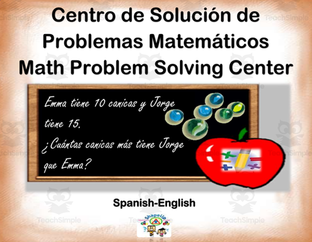 An educational teaching resource from ShapeUp-N-Matematicas y Lenguaje entitled Free Spanish Interactive Math Word Problems Center Activity downloadable at Teach Simple.