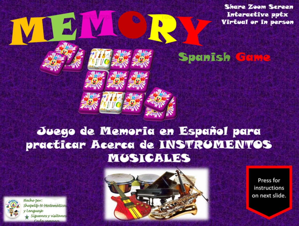 An educational teaching resource from ShapeUp-N-Matematicas y Lenguaje entitled Free Spanish Interactive Memory Game Instrumentos Musicales Vocabulary downloadable at Teach Simple.