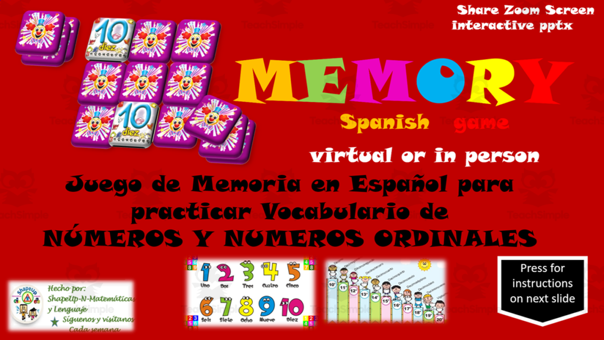 An educational teaching resource from ShapeUp-N-Matematicas y Lenguaje entitled Free Spanish Interactive Memory Game Los Numeros y Numeros Ordinales downloadable at Teach Simple.