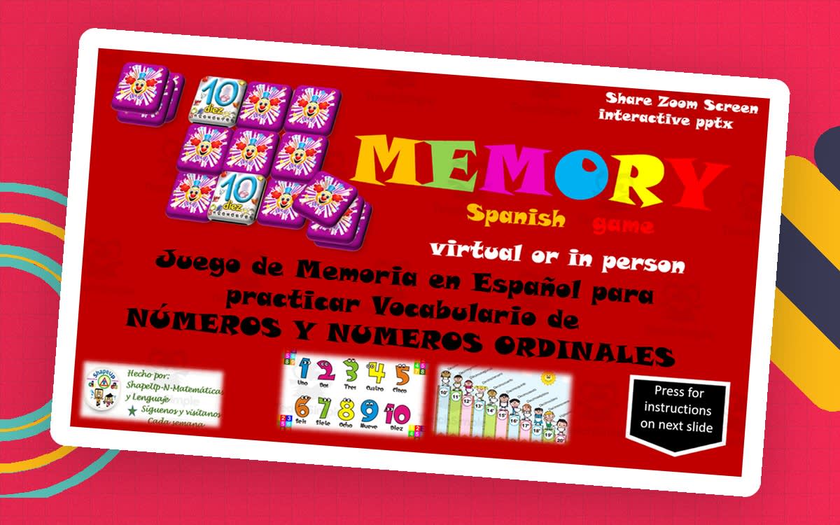 An educational teaching resource from ShapeUp-N-Matematicas y Lenguaje entitled Free Spanish Interactive Memory Game Los Numeros y Numeros Ordinales downloadable at Teach Simple.
