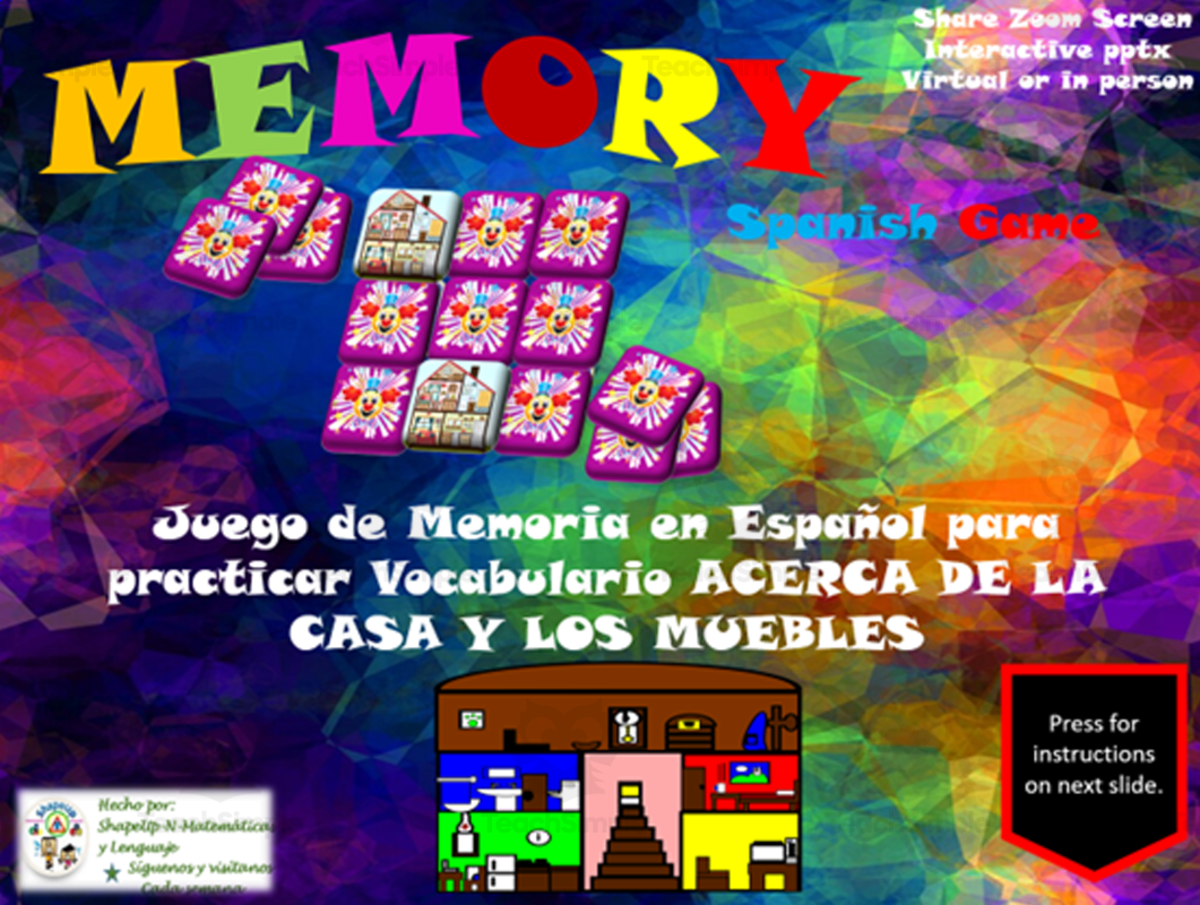 An educational teaching resource from ShapeUp-N-Matematicas y Lenguaje entitled Free Spanish Interactive Memory Game to Practice About La Casa downloadable at Teach Simple.