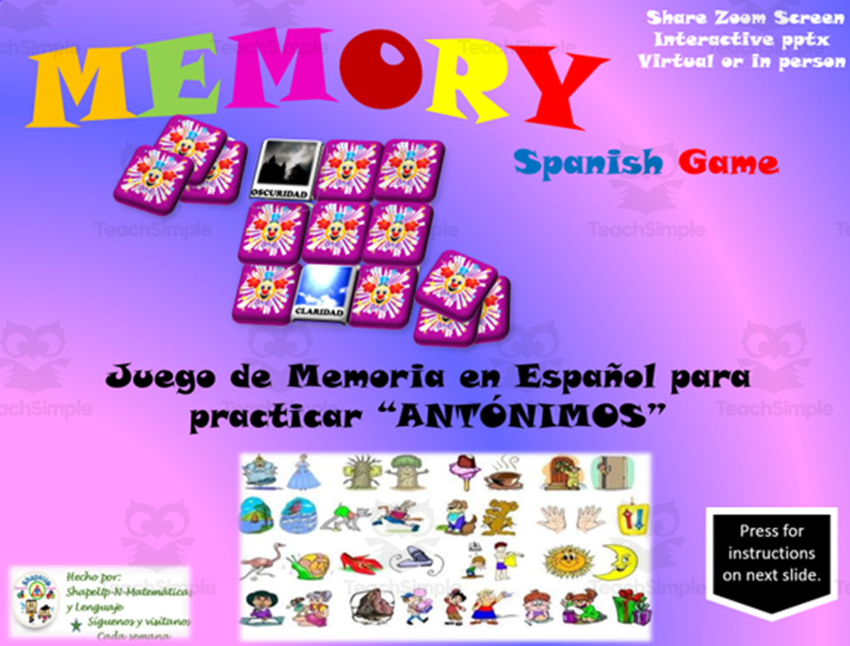 An educational teaching resource from ShapeUp-N-Matematicas y Lenguaje entitled Free Spanish Interactive Memory Game to practice Antonimos downloadable at Teach Simple.